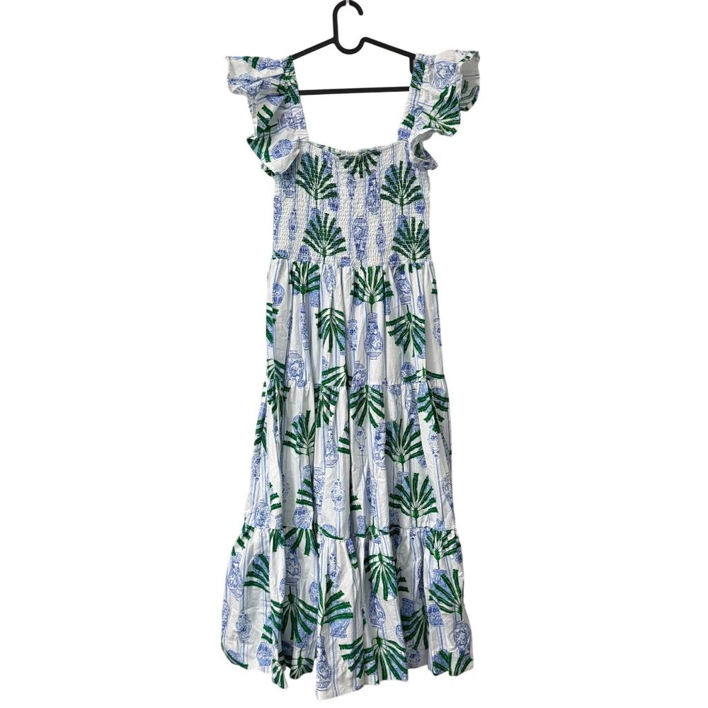 8 Oak Lane Blue Green Botanical Ginger Jars Flutter Smocked Maxi Dress Large